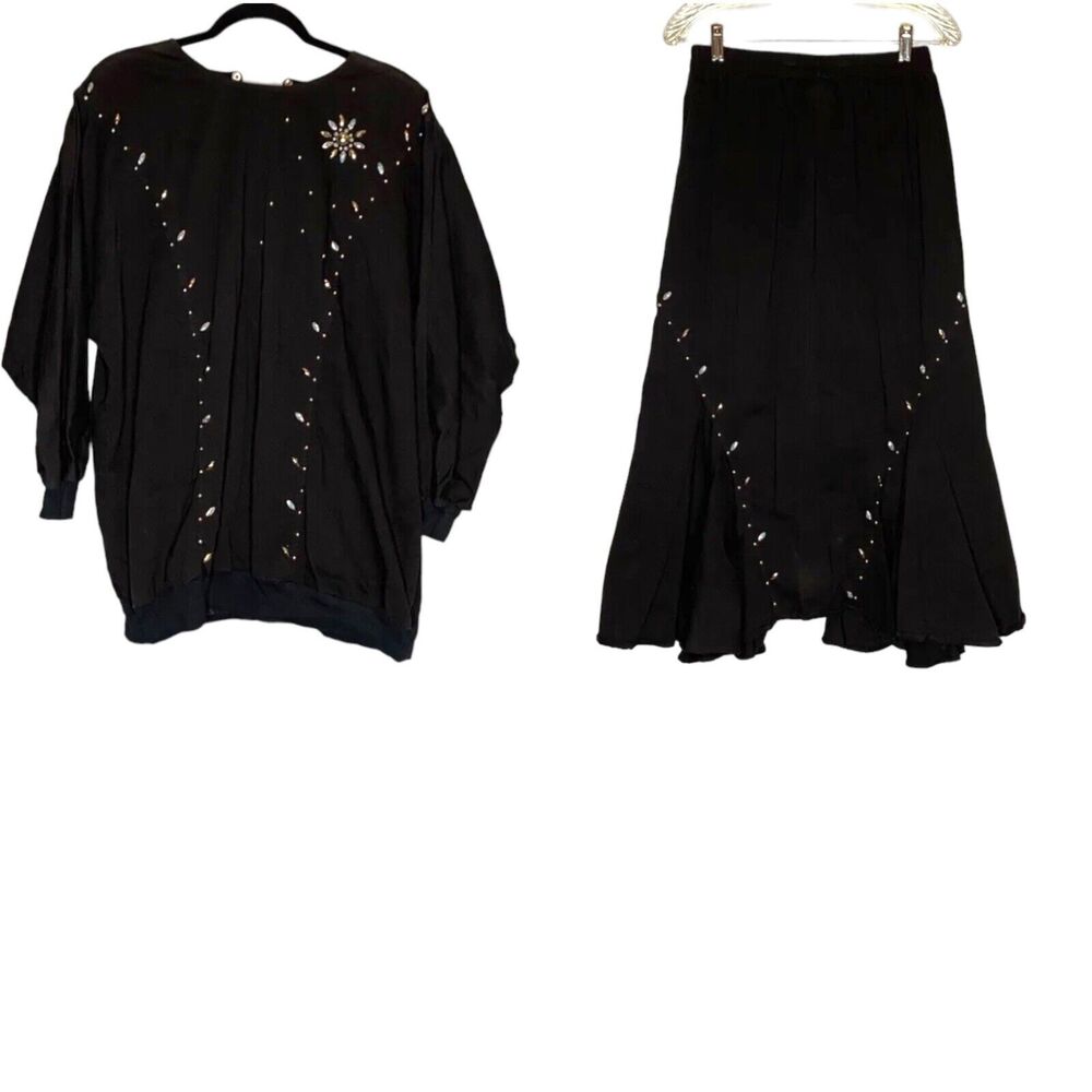 L.A. Dawn Rodeo Skirt Set Womens Vintage Black Cotton Denim Embellished SZ 12 14